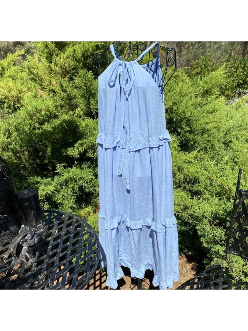 Sleeveless Light Blue Tiered Midi Dress with Tie Neck - Picture 10 of 11